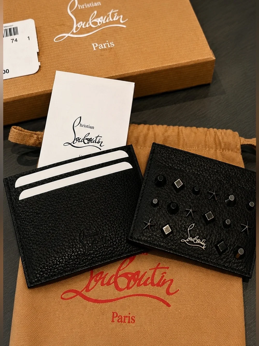 NWT Christian Louboutin Black Studded Leather Card Holder w/ Box & Dust Bag